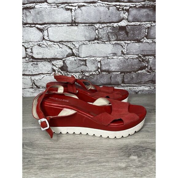 Bournazos Athens Red Suede Leather Ankle Strap Wedge Sandals Women Sz 39EU/8.5US - Picture 2 of 16
